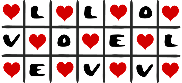 A playful tic-tac-toe design featuring red hearts in place of traditional markers, set on a black grid.UV Transfersdtf regular iron