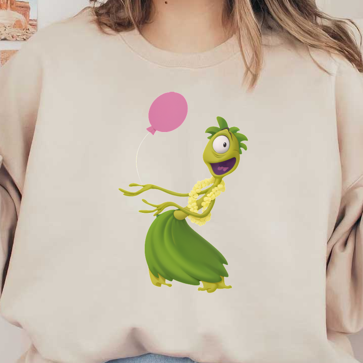 A cheerful green character wearing a hula skirt and lei, joyfully holding a pink balloon.DTF Transfers heat press transfers