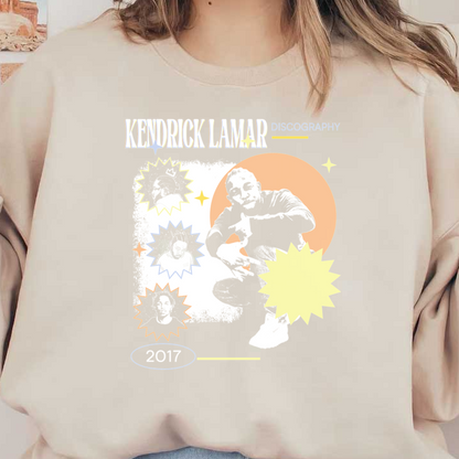 A vibrant graphic tribute to Kendrick Lamar's discography, featuring his images and playful bursts of color, dated 2017.DTF Transfers heat press transfers