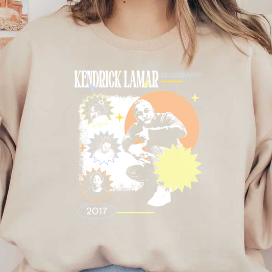 A vibrant graphic tribute to Kendrick Lamar's discography, featuring his images and playful bursts of color, dated 2017.DTF Transfers heat press transfers