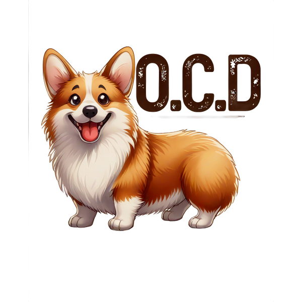 Esta divertida ilustración presenta un corgi feliz junto al acrónimo humorístico "OCD" (trastorno obsesivo del corgi).