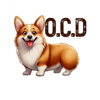 Esta divertida ilustración presenta un corgi feliz junto al acrónimo humorístico "OCD" (trastorno obsesivo del corgi).