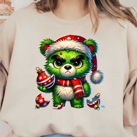 A mischievous green bear dressed in a Santa hat and scarf, holding a broken ornament, ready for a playful holiday!DTF Transfersdtf regular iron