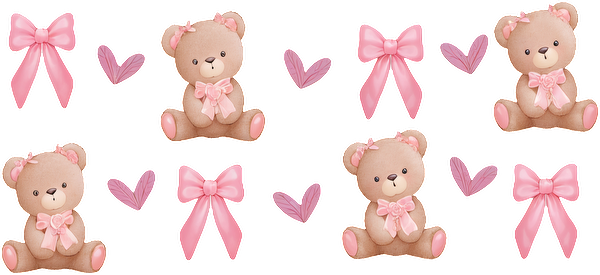 Adorable pastel teddy bears with pink bows and hearts, perfect for a cute and cheerful design or decoration!UV Transfers dtf prints