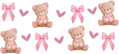 Adorable pastel teddy bears with pink bows and hearts, perfect for a cute and cheerful design or decoration!UV Transfers dtf prints