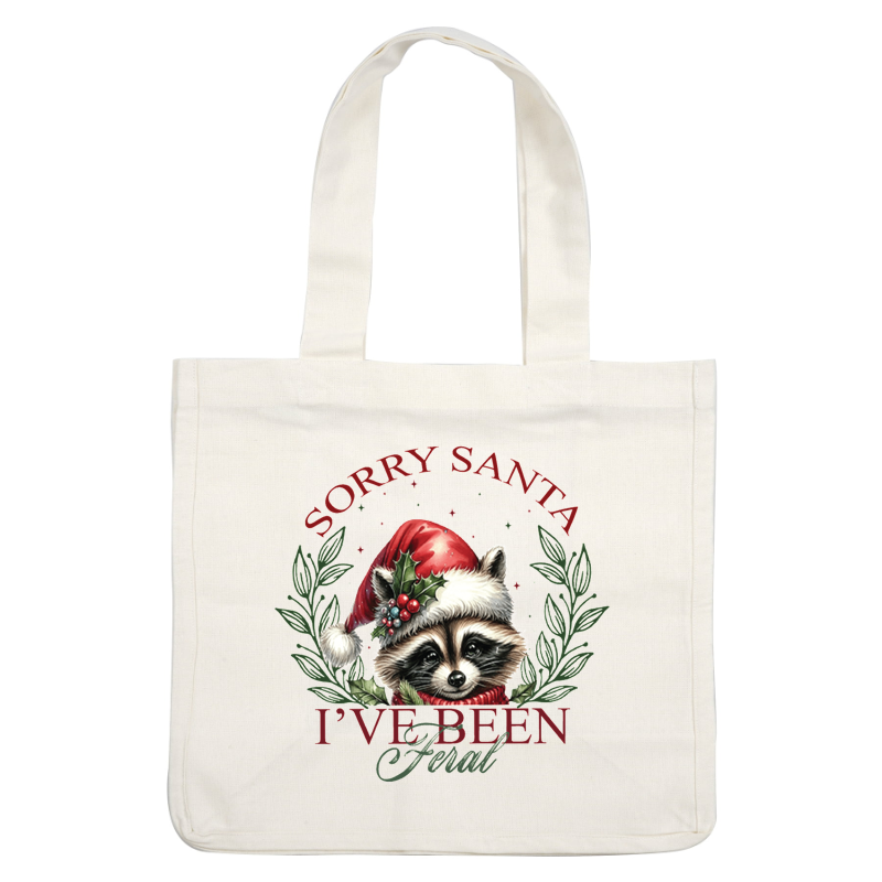 This festive design features a raccoon in a Santa hat, surrounded by holly, with the playful text, "Sorry Santa, I've Been Feral."