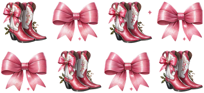 A playful arrangement of pink embellished cowboy boots paired with matching large pink bows, perfect for a fun, festive look.UV Transfers dtf prints