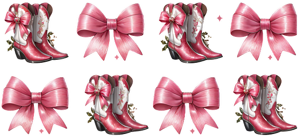 A delightful array of pink cowboy boots adorned with bows, showcasing a fun and playful country style.UV Transfers dtf transfers