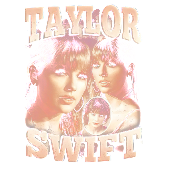 Obra de arte elegante que presenta múltiples imágenes de Taylor Swift con un diseño vibrante y colorido y un texto llamativo. Transferencias DTF