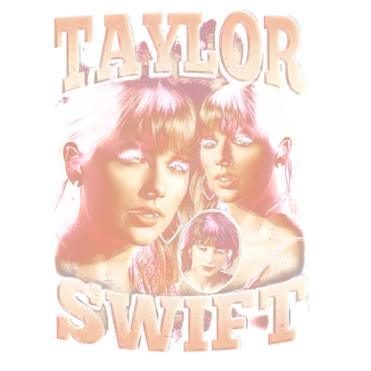 Obra de arte elegante que presenta múltiples imágenes de Taylor Swift con un diseño vibrante y colorido y un texto llamativo. Transferencias DTF