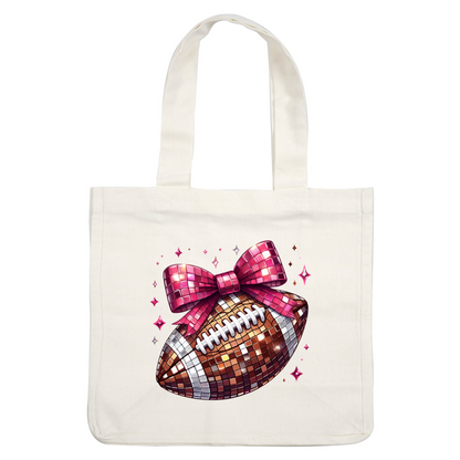 A playful, glittery football adorned with a big pink bow, perfect for a fun celebration or event! dtf prints