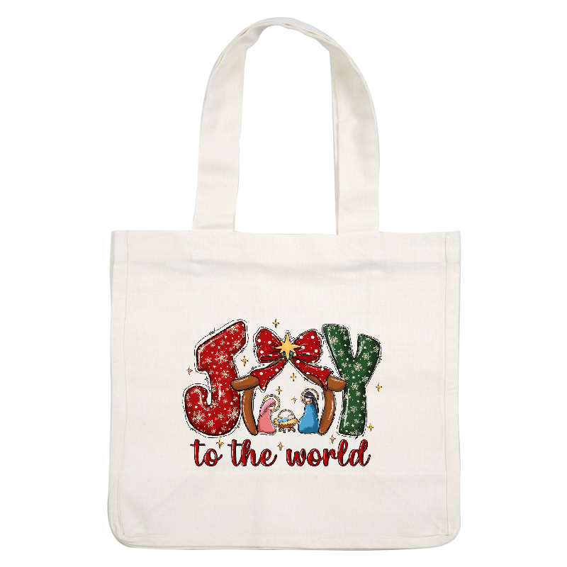 Festive "Joy to the World" design featuring colorful lettering, a star, and a nativity scene, perfect for holiday cheer!DTF Transfers