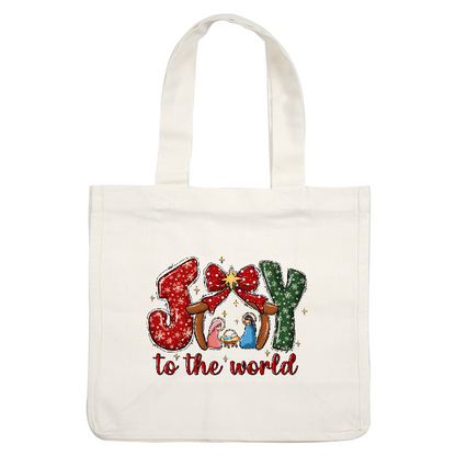 Festive "Joy to the World" design featuring colorful lettering, a star, and a nativity scene, perfect for holiday cheer!DTF Transfers