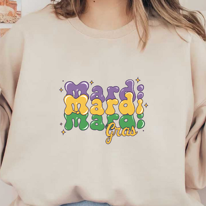 Colorful and playful Mardi Gras-themed typography featuring vibrant purple, green, and yellow letters, perfect for celebrating the festive occasion.DTF Transfers