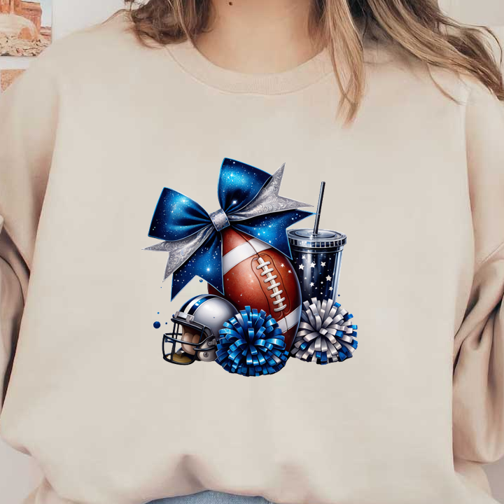 A festive arrangement featuring a football, helmet, blue pom-poms, and a drink, all adorned with a sparkly bow.DTF Transfersdtf regular iron