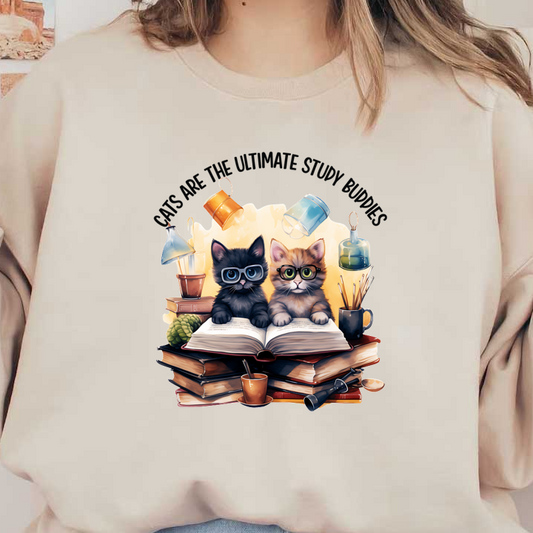 Adorable cats in glasses study together atop a pile of books, surrounded by study materials and a playful atmosphere. dtf transfers