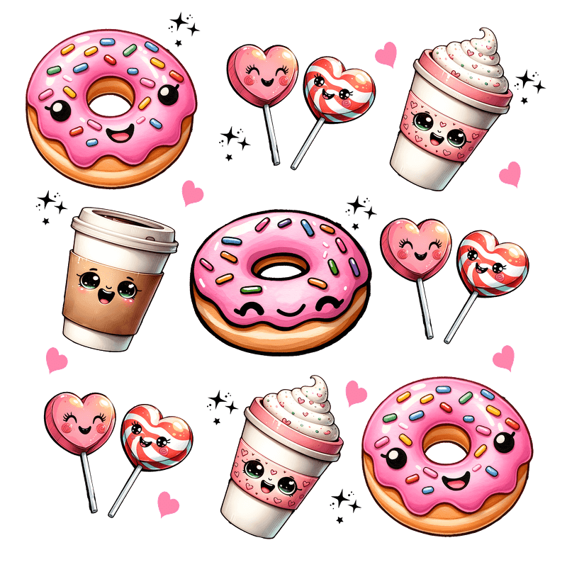 Colorful and cheerful cartoon sweets including doughnuts, heart-shaped lollipops, ice cream, and a coffee cup, all with cute faces!DTF Transfers