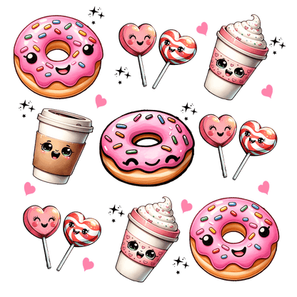 Colorful and cheerful cartoon sweets including doughnuts, heart-shaped lollipops, ice cream, and a coffee cup, all with cute faces!DTF Transfers