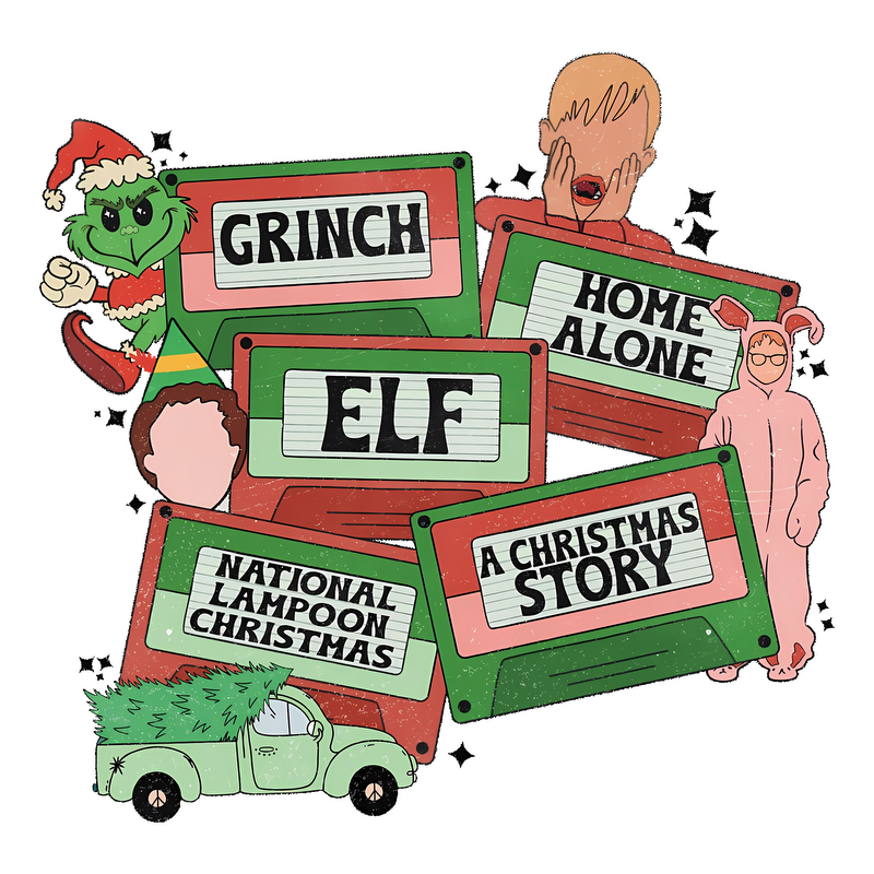 Celebrate the holiday spirit with iconic movies like "The Grinch," "Elf," "Home Alone," "A Christmas Story," and "National Lampoon Christmas"!DTF Transfersdtf regular irondtf regular iron