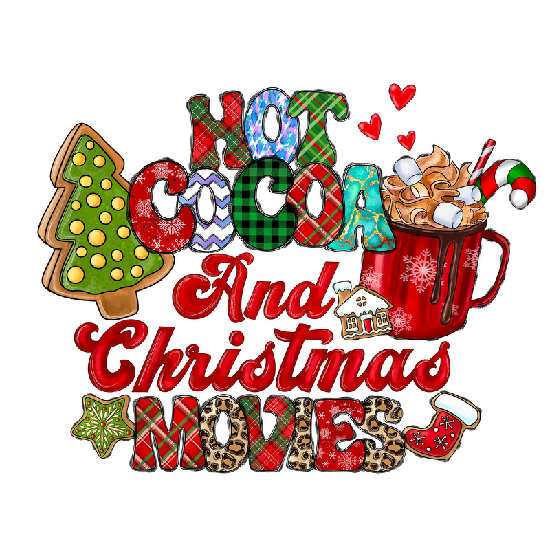 Cozy up with hot cocoa and festive Christmas movies, featuring playful holiday-themed designs and cheerful colors!DTF Transfers heat press transfers