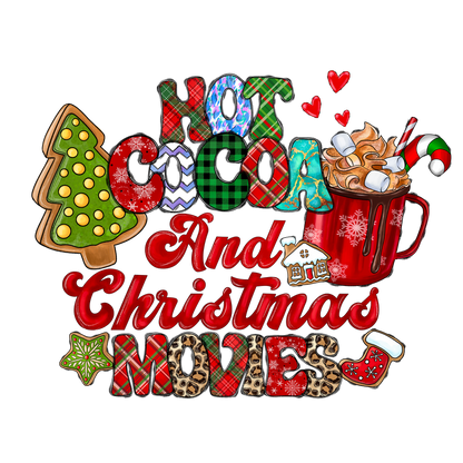 Cozy up with hot cocoa and festive Christmas movies, featuring playful holiday-themed designs and cheerful colors!DTF Transfers heat press transfers