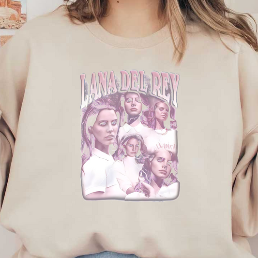 A vibrant graphic featuring multiple stylish representations of a woman, named Lana Del Rey, with pink hues and an artistic flair.DTF Transfers heat press transfers