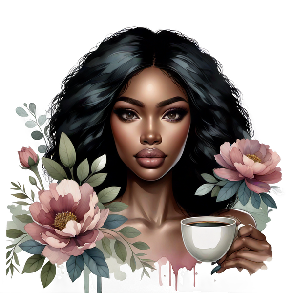 Un impresionante retrato de una mujer con cabello suelto, sosteniendo una taza de café, rodeada de hermosos detalles florales.