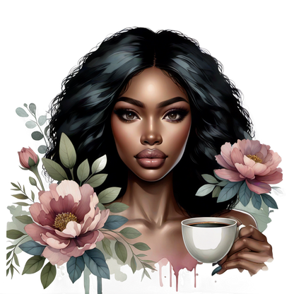 Un impresionante retrato de una mujer con cabello suelto, sosteniendo una taza de café, rodeada de hermosos detalles florales.