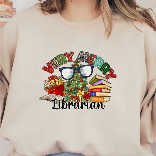 Celebrate the season with this cheerful design featuring a Christmas tree, books, gifts, and the phrase "Very Merry Librarian."DTF Transfersdtf regular iron dtf prints