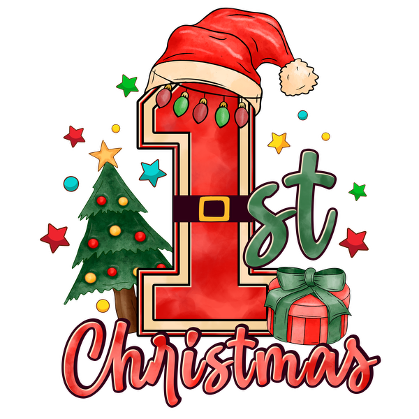 Celebrate your little one’s special day with this vibrant "1st Christmas" design featuring a festive tree, gifts, and cheerful colors! heat press transfers