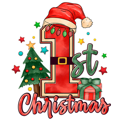 Celebrate your little one’s special day with this vibrant "1st Christmas" design featuring a festive tree, gifts, and cheerful colors! heat press transfers