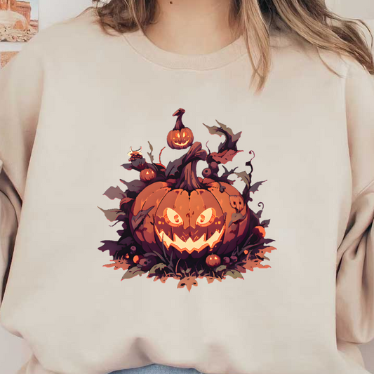 Una espeluznante linterna de Halloween ilustrada con una sonrisa feroz, rodeada de calabazas más pequeñas y enredaderas exuberantes para un ambiente festivo de Halloween.