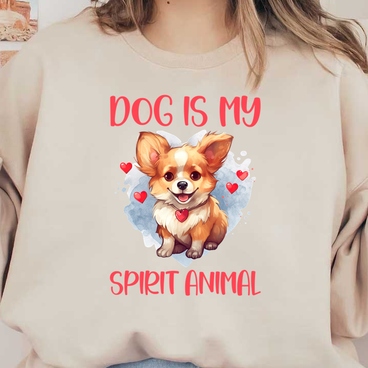 Una linda ilustración de un Corgi con un collar de corazón, con la leyenda "El perro es mi animal espiritual", rodeado de corazones.