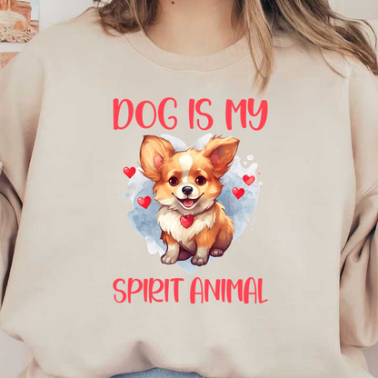 Una linda ilustración de un Corgi con un collar de corazón, con la leyenda "El perro es mi animal espiritual", rodeado de corazones.