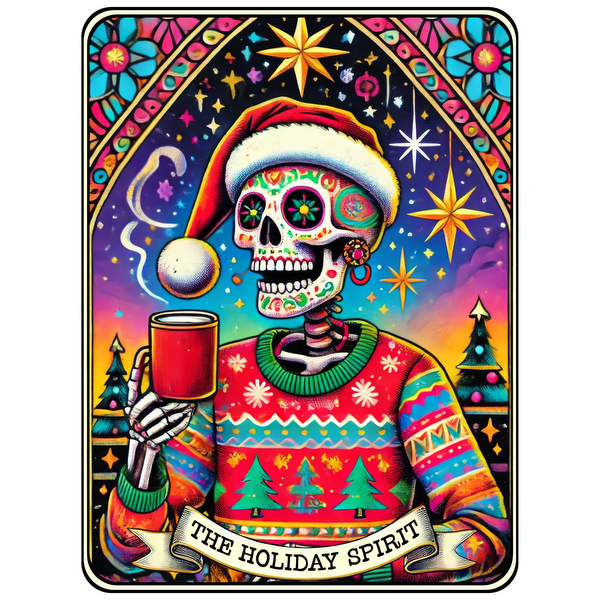 Una ilustración vibrante y festiva de una calavera de azúcar con un suéter colorido y un gorro de Papá Noel, sosteniendo una bebida caliente.