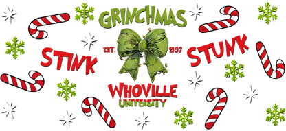 Celebrate a whimsical "Grinchmas" with playful candy cane designs and festive colors, featuring the vibrant spirit of Whoville!UV Transfers heat press transfers