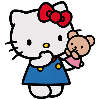 Hello Kitty is charmingly styled in a blue dress and red bow, gently holding her adorable teddy bear.DTF Transfers heat press transfers