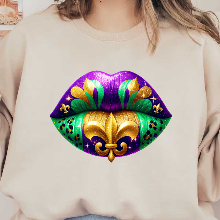 Vibrant, sparkling lips adorned with purple, green, and gold colors, featuring a regal fleur-de-lis design, perfect for carnival celebrations.DTF Transfers