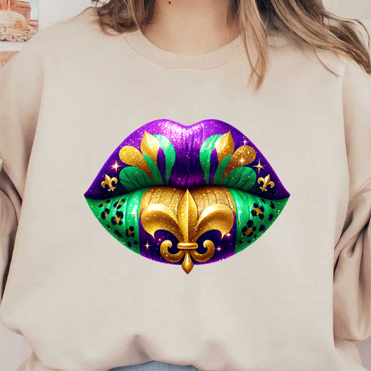 Vibrant, sparkling lips adorned with purple, green, and gold colors, featuring a regal fleur-de-lis design, perfect for carnival celebrations.DTF Transfers