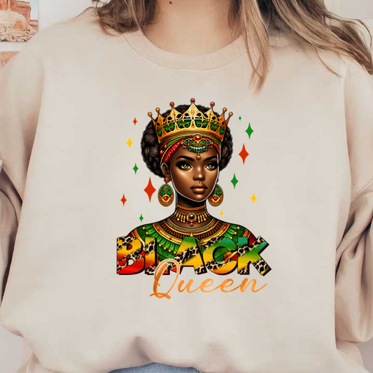 A stunning illustration of a regal Black queen adorned with vibrant colors, intricate jewelry, and a golden crown, celebrating heritage. dtf transfers