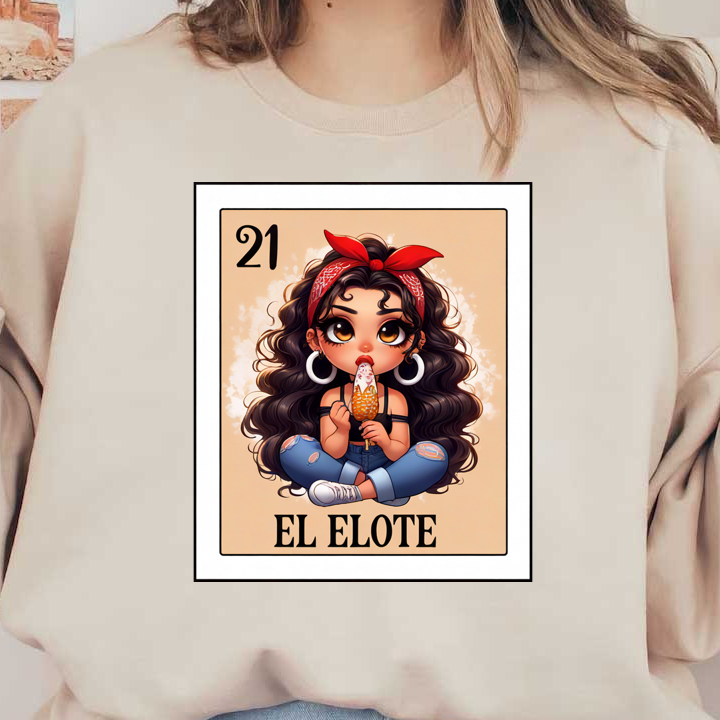 Una linda ilustración de una niña con cabello rizado y un pañuelo rojo, disfrutando de un elote, con el texto "El Elote" debajo.