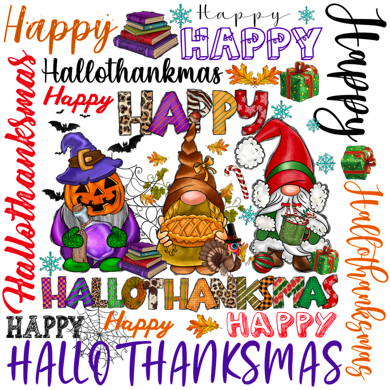 Celebrate the festive spirit with adorable gnomes and colorful greetings for Halloween, Thanksgiving, and Christmas!DTF Transfersdtf regular iron dtf prints