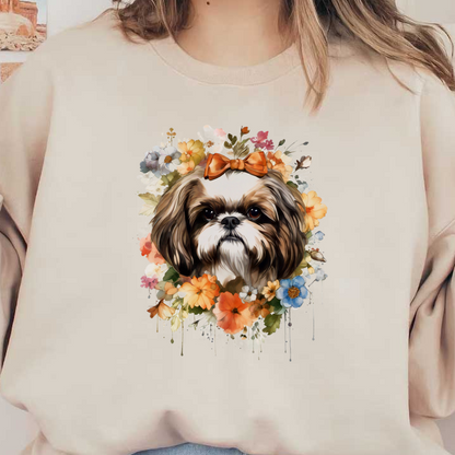 Una encantadora ilustración de un Shih Tzu adornado con un lazo naranja, rodeado de flores vibrantes y coloridas.