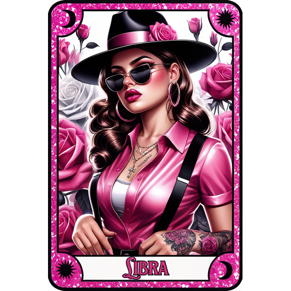 A stylish illustration of a woman representing Libra, adorned in pink, with a wide-brimmed hat and floral accents.dtf regular iron