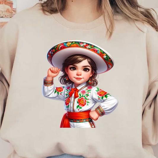 A confident young girl dressed in a colorful traditional Mexican outfit, featuring floral embroidery and a wide-brimmed sombrero. heat press transfers