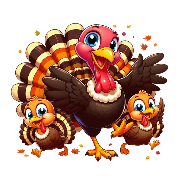 A cheerful cartoon family of turkeys, featuring a proud parent and two adorable chicks with vibrant, patterned plumage.dtf regular iron