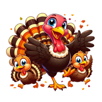 A cheerful cartoon family of turkeys, featuring a proud parent and two adorable chicks with vibrant, patterned plumage.dtf regular iron