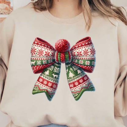 Festively patterned in red, green, and white, this large Christmas bow features intricate holiday designs and a fluffy pom-pom center. dtf prints