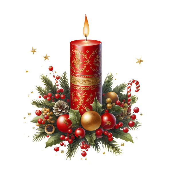 A festive red candle surrounded by holly, pinecones, and Christmas ornaments, creating a warm holiday ambiance.dtf regular iron