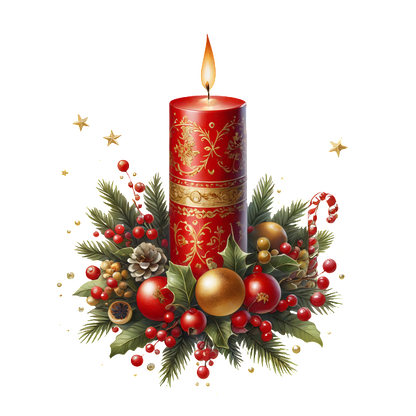 A festive red candle surrounded by holly, pinecones, and Christmas ornaments, creating a warm holiday ambiance.dtf regular iron